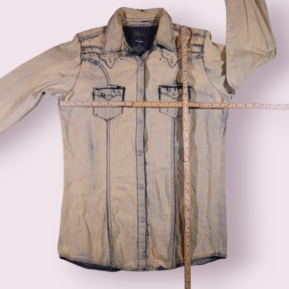 Rock 47 Wrangler Cream Denim Embroidered Rhinestone Rustic Snap Western Size L - Picture 7 of 10